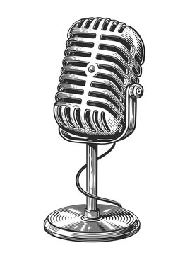 recommend clip art: Retro old microphone on stem. Hand drawn vintage sketch vector illustration
