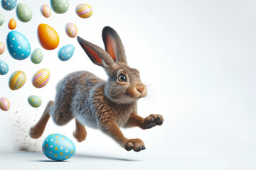 hare runs with a frightened expression on his face against the background of flying Easter colored eggs. ai generative