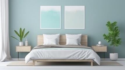 Nordic fjord bedroom with a Scandinavian-style bed, fjord landscapes, and a blank mockup frame on a glacial blue wall