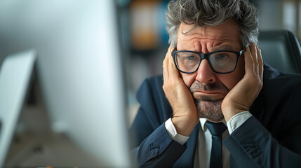 Business fatigue: stressed financial advisor at work in front of the PC - obrazy, fototapety, plakaty