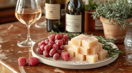  a plate of raspberries next to a bottle of wine and a glass of wine on a table with a plate of raspberries and a glass of wine.