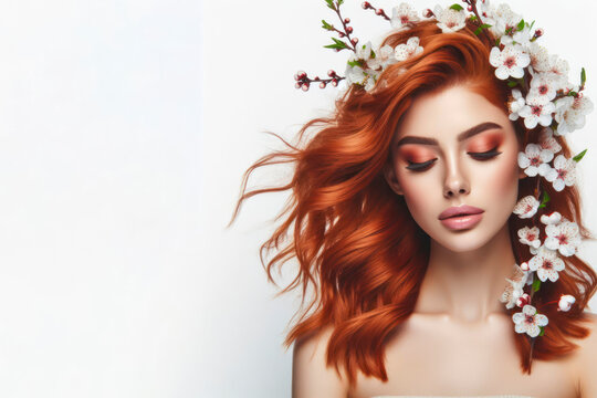picture of attractive redhead woman model symbolizing spring with blooming flowers. ai generative