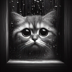 portrait sad cat through glass with raindrops. ai generative