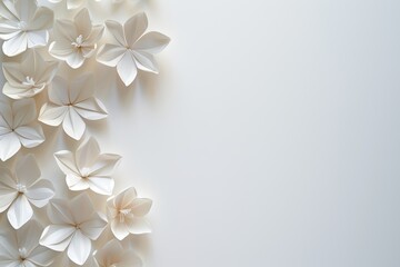 White paper flowers on a white background. Place for your text.
