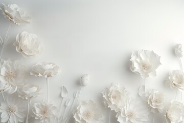 A composition of white flowers. wedding background concept. Flat plan, top view, place for text - obrazy, fototapety, plakaty
