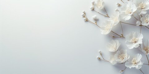 White small flowers on a white background with a place for congratulations. view from above. - obrazy, fototapety, plakaty