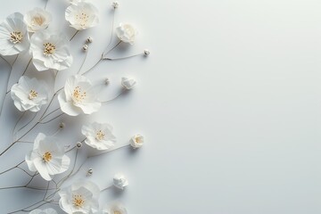 White flowers on a white background with a place for a greeting text. top view.