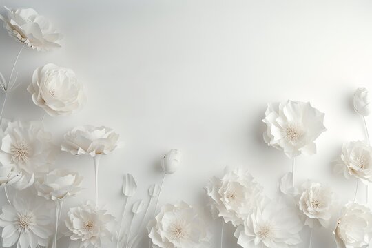 Fototapeta A composition of white flowers. wedding background concept. Flat plan, top view, place for text