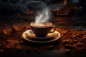 Heißer Kaffee mit Kaffeebohnen und Porzellan angerichtet, Handelsschiffe im Hintergrund, Geschichte der Kolonien