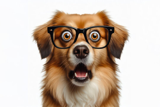 Shocked cute dog in glasses with surprised eyes on white background. ai generative