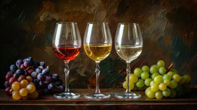  three glasses of wine sit next to a bunch of grapes and a bunch of grapes in front of a painting of grapes and a bunch of grapes on a table.