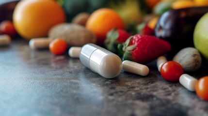 A vibrant image showcasing a variety of colorful fruit and vegetable power supplement capsules, filled with essential multivitamins for health and wellness. - obrazy, fototapety, plakaty