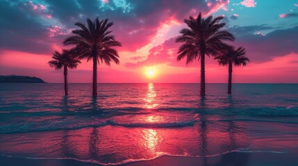  a couple of palm trees sitting on top of a beach under a pink and blue sky with the sun setting over the ocean and a couple of palm trees in the foreground.