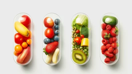 Foto op Aluminium clear capsule overflowing with essential multivitamins and dietary supplements, surrounded by an array of colorful, fresh vegetables and fruits, symbolizing a health-conscious lifestyle choice. © TensorSpark