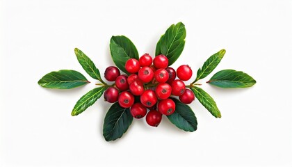 top view red berries with greens on white background - Powered by Adobe