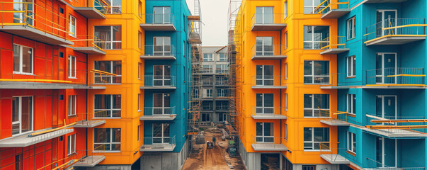 Fototapeta premium View of construction of apartment houses with steel scaffoldings.