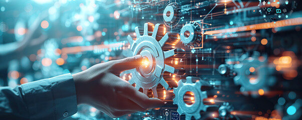 Human hands holding cogwheels together on abstract background. Teamwork and business concept. - Powered by Adobe