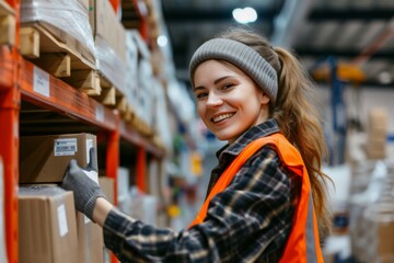 A cheerful young female warehouse worker smiles confidently at the camera, radiating positivity and dedication in her work environment, embodying a strong and vibrant workforce