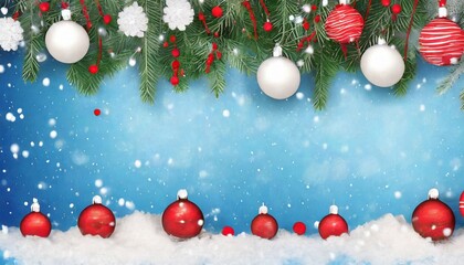Fototapeta na wymiar christmas banner with fir branches and white and red decorations on blue background with snow