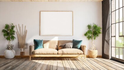 Fototapeta na wymiar mock up poster in an interior in scandinavian style with a sofa 3d rendering