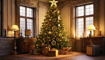 Fototapeta na wymiar christmas tree with steampunk decoration