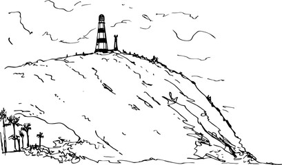 View of the Faro de Punta Zaragoza lighthouse on hill. Margarita Island, Venezuela. Hand made ink pen landscape