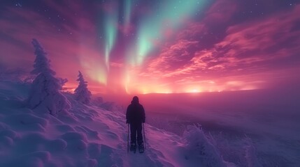  a man standing on top of a snow covered slope under a sky filled with multicolored beams of aurora and aurora bores in the night sky above a snow covered forest.