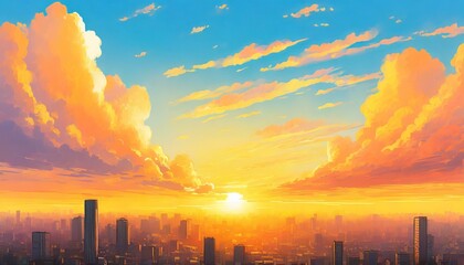 sunrise or sunset over the city blue sky with orange fluffy clouds anime manga digital illustration...