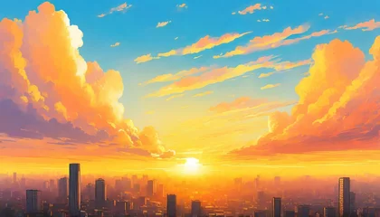 Fotobehang sunrise or sunset over the city blue sky with orange fluffy clouds anime manga digital illustration comic style © Slainie