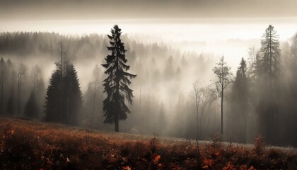 mystical autumn fog in black forest germany enchanting landscape with rising fog autumnal trees and...