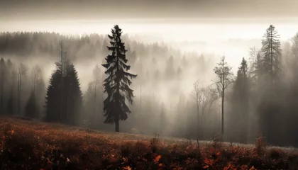 Foto op Canvas mystical autumn fog in black forest germany enchanting landscape with rising fog autumnal trees and firs panoramic banner in dark autumn mood © Slainie