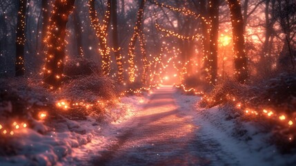  a path covered in lights in the middle of a forest with snow on the ground and trees on either side of the path are lit up with bright orange lights.