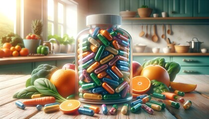 Assorted multivitamin supplements and colorful vitamin capsules arranged neatly, symbolizing a health-conscious lifestyle and nutritional support. - obrazy, fototapety, plakaty