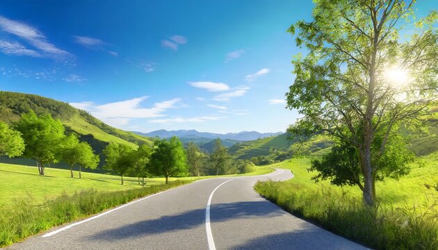 a winding road stretching ahead flanked by verdant trees and hills under the clear blue sky