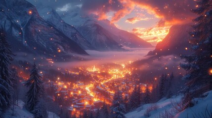  a painting of a night scene with a mountain town in the foreground and a river running through the middle of the picture, with bright lights in the foreground. - obrazy, fototapety, plakaty