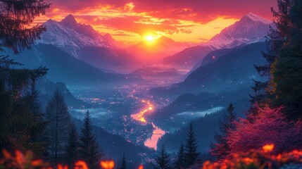  a sunset view of a valley with mountains in the background and a river running through the middle of the valley in the middle of the middle of the foreground.