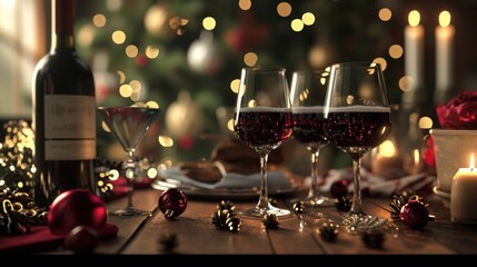  two glasses of red wine and a bottle of wine on a table in front of a christmas tree with a lit candle and a plate of cookies on the table.