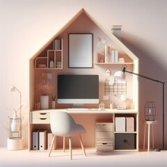 Desk with a computer and accessories for work on a pastel pink background. Cozy home office interior  concept in minimalism style, realistic 3d render. Monochrome composition, for design and banners.