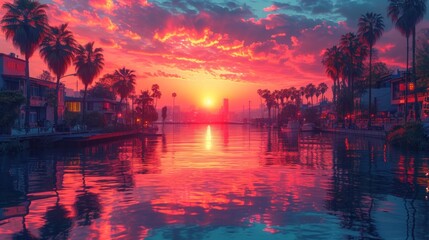  a sunset over a body of water with palm trees in the foreground and a building on the other side of the water with a clock tower in the distance.