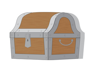 vector design cartoon illustration of a tightly closed treasure chest made of wood with edges made of gray iron with lots of bolts on the sides