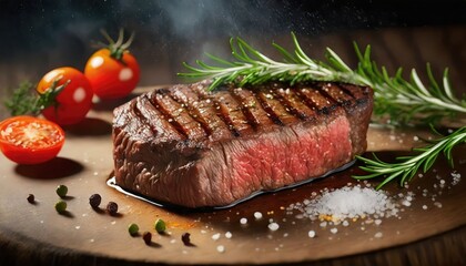 entrecote beef steak grilled with rosemary tomatoes pepper and salt