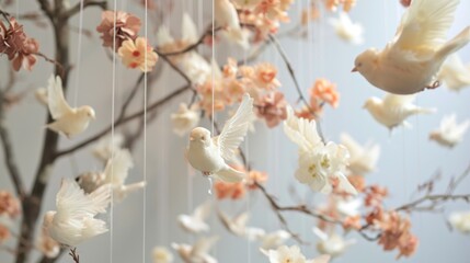  a close up of a tree with white birds hanging from it's branches and a branch with pink flowers hanging from it's branches and a white bird on the branch.