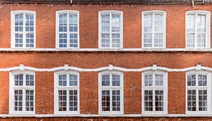 Fototapeta na wymiar eight windows with white sash and frame on a red brick wall georgian british style