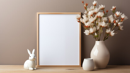 Bloom vase Easter rustic theme frame mockup living room. Passover blank photoframe, advertising mock up. Beautiful memories Eastertime concept composition, showcase interior copy space