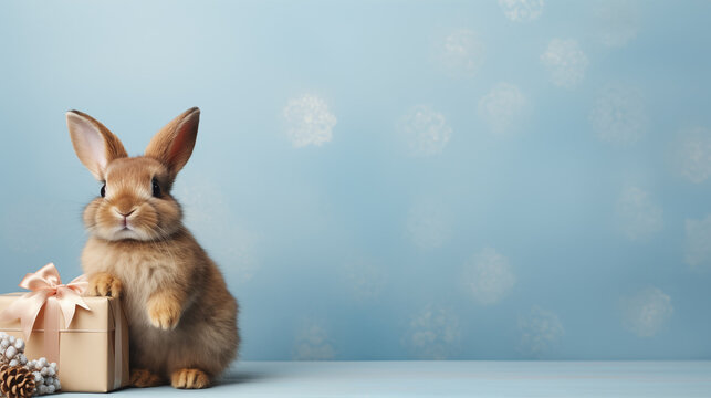 Cute fluffy bunny with giftbox banner background copy space. Easter rabbit present on blue image backdrop empty. Congrats hare merry Christmas concept composition front view, copyspace