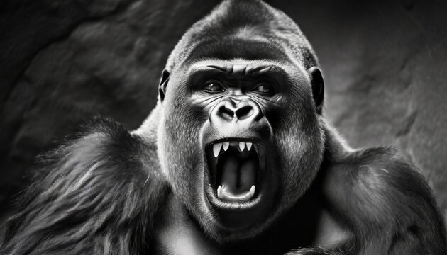 grayscale photo of gorilla screaming