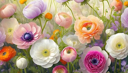 pastel colored anemone and ranunculus flowers floral background ai generated