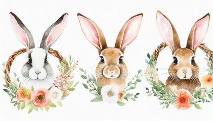 hand drawn watercolor happy easter set with bunnies head and flral wreath design rabbit bohemian...