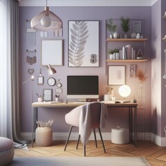 Desk with a computer and accessories for work on a pastel purple background. Cozy home office interior concept in minimalism style, realistic 3d render. Monochrome composition, for design and banners.