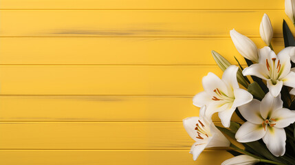 Eastertime lilies on bright yellow wooden banner background copy space. Eastertide flowers spring image backdrop empty. April resurrection paschal concept composition top view, copyspace